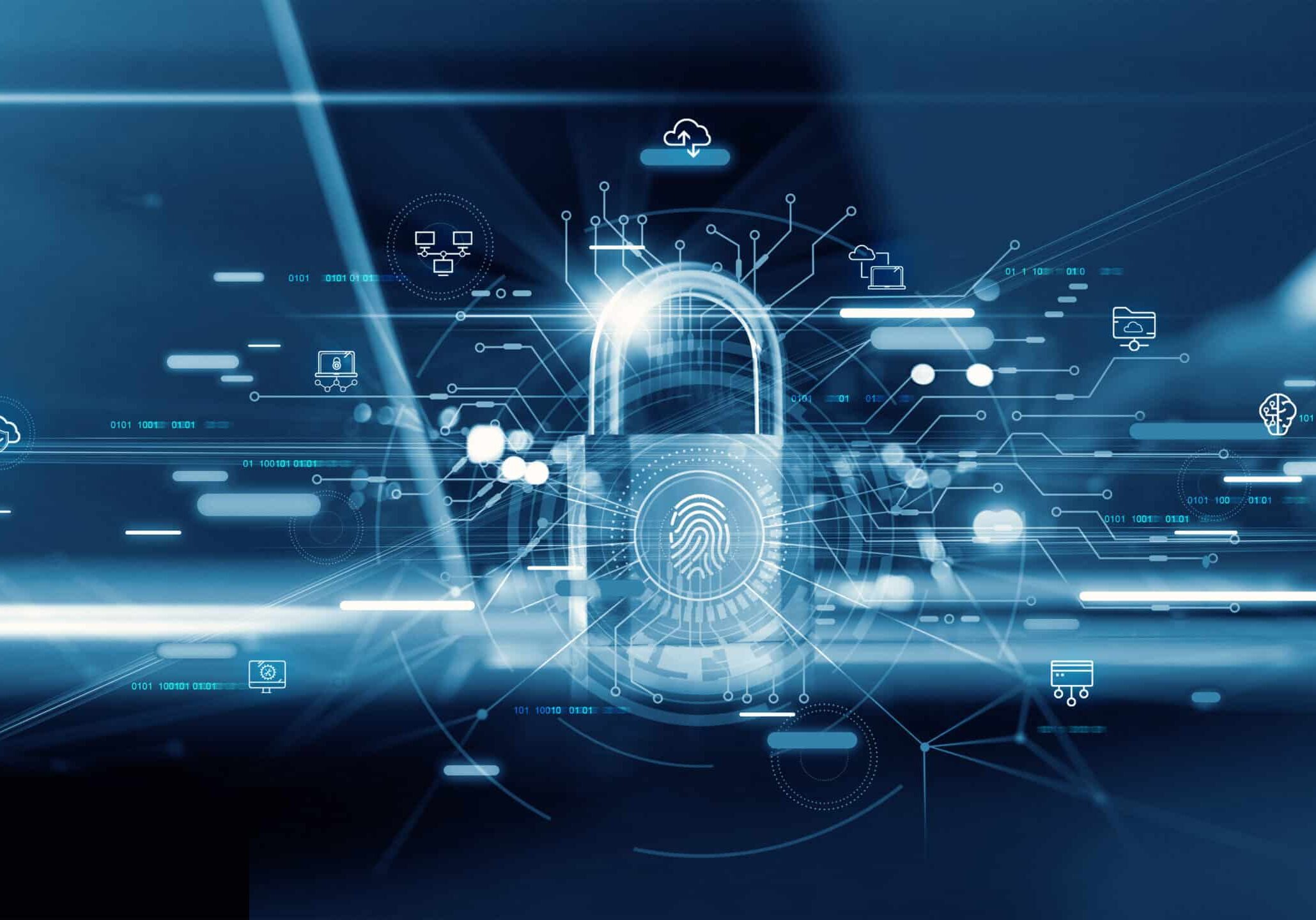 Businessman and fingerprint scanning unlock and access to business data network. Cloud. Biometric identification and cyber security protect business transaction from online digital cyber attack.