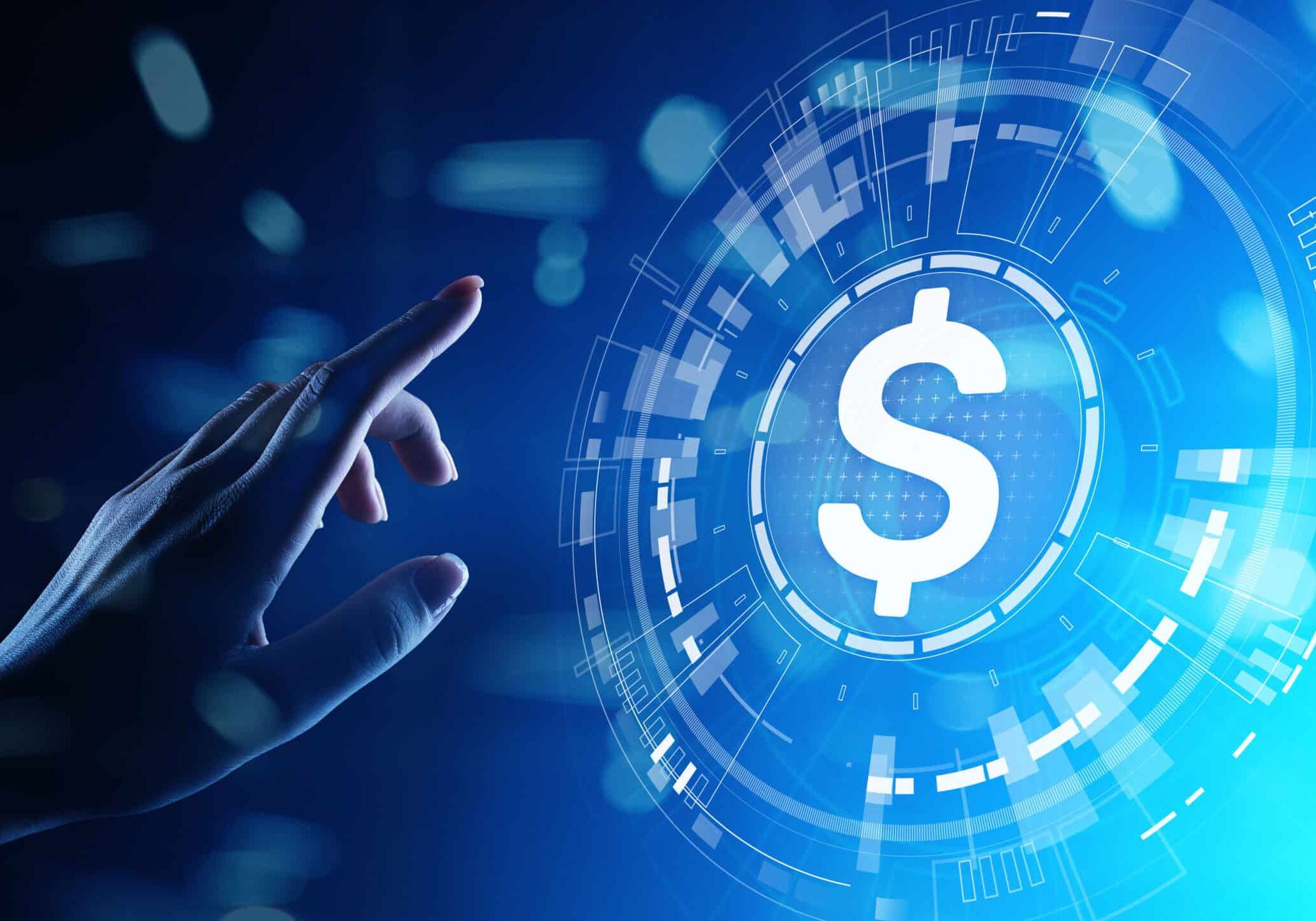 Dollar icons on virtual screen. Currencies Forex trading and financial market concept. Digital banking and growth.